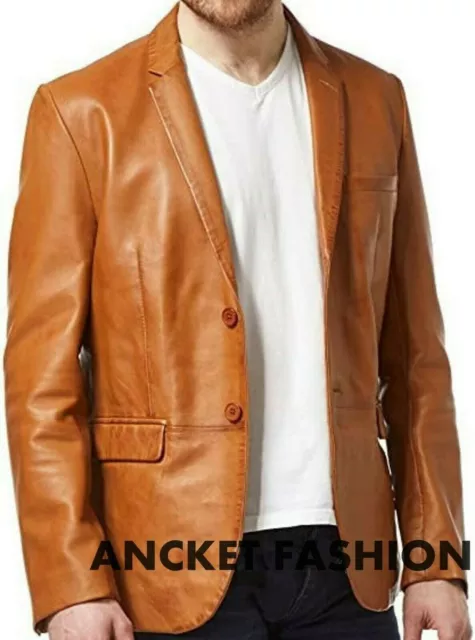 Chaqueta Blazer de Cuero Genuino Piel de Oveja Marrón Bronceado para Hombre