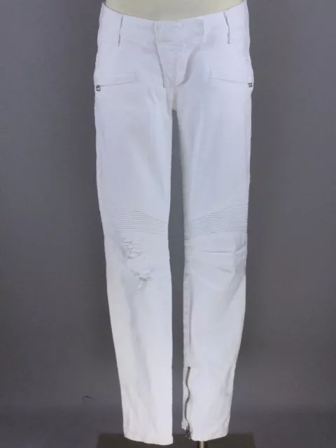 BALMAIN Paris White Distressed Denim Moto Biker Silver Zip Jeans Pants Size 38