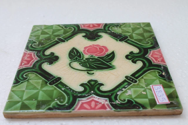 Vintage SAJI JAPAN Nouveau Majolica Rose Flower Design Architectural Tile NH3835 3