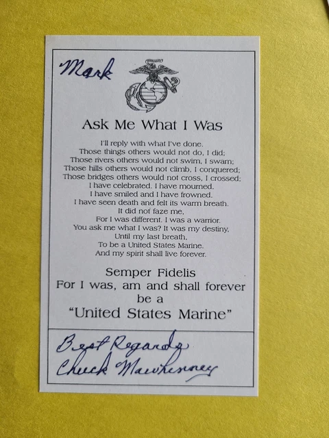 Charles Mawhinney Vietnam USMC Sniper 103 Kills Signed 3.5 x 6.5 inch Insc. Mark