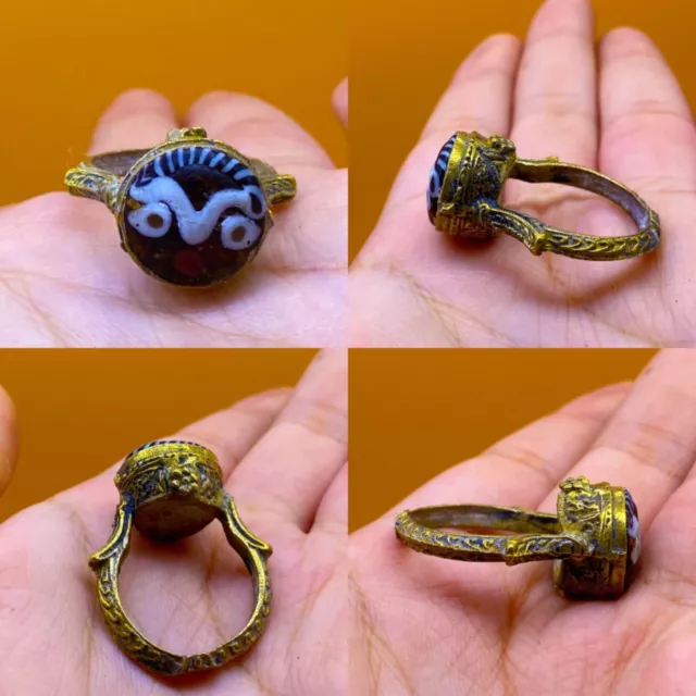 Rare European Finds Ancient Roman Gold Gilding Face Bead Ring  9 Us