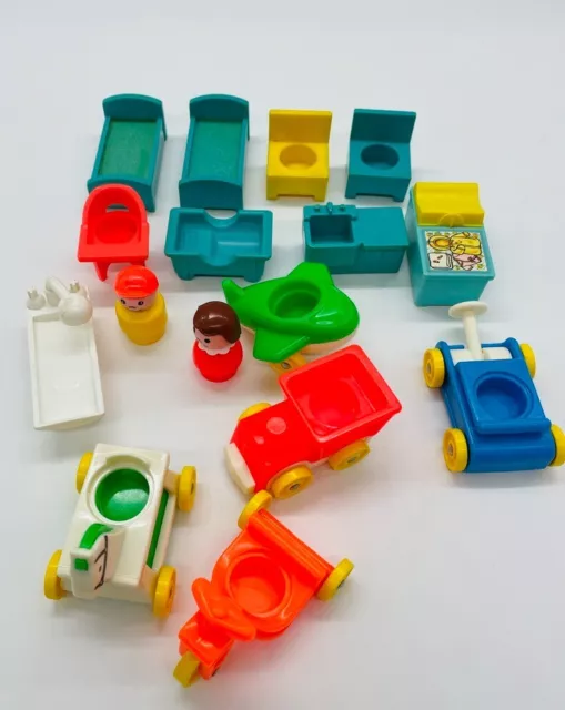 Lot of 16 Vintage Fisher Price Toys Little People Chair Desk Horse Airplane Bed