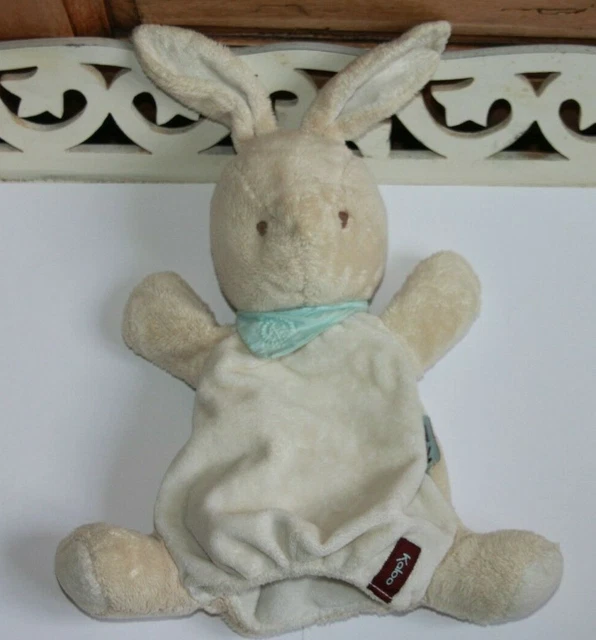 Doudou Kaloo Lapin Marionnette Blanc Beige Bandana Bleu