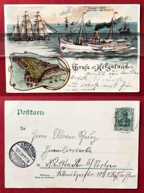 Litho AK HELGOLAND 1908 Inselansicht Schiff Prinzessin Heinrich   ( 97947