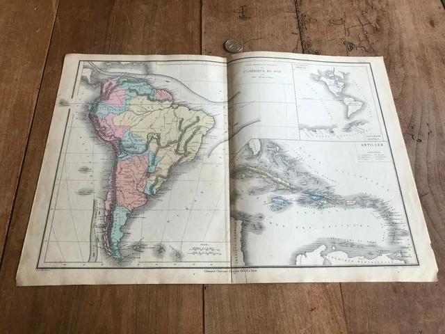 Carte Géographique Ancienne De L'Amérique Du Sud, 1850 - Gravure Dufour, Format ~46x33 Cm - Originale