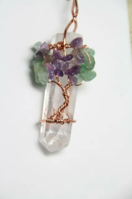 Copper Wire Wrap Tree Of Life Chakra Necklace Crystal Quartz Point Gemstone 18"