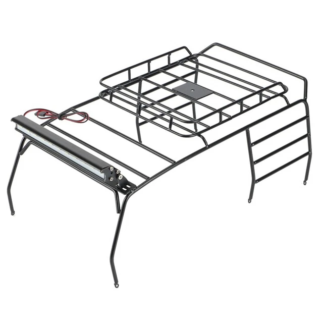 Metal Roof Rack Roll Cage Luggage Tray with LED Light Bar for 1/10 RC Crawl K2B1