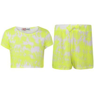 Bambine Crop Top & Shorts Tie Dye Neon Giallo Moda Estate Vestito Corto Set