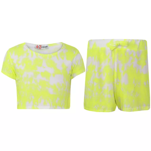 Kids Girls Crop Top & Shorts Tie Dye Neon Yellow Fashion Summer Outfit Short Set
