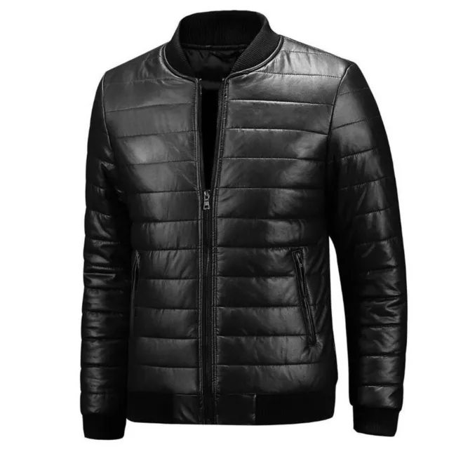 Men’s Black Bomber  Quilted Thick Fashionable Casual Lightweight Leather Jacket