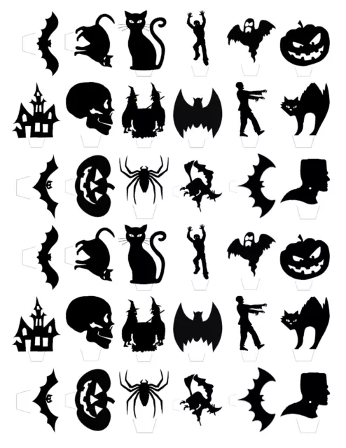 36 x HALLOWEEN EDIBLE CARD SILHOUETTE STAND UP PARTY CUP CAKE TOPPERS RICE UPS 2