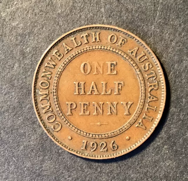 1926 Australian Predecimal Coin. KGV (1/2) Half Penny. x 1 Coin Ungraded