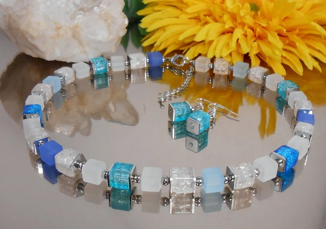 2er Set Würfel Collier u. Ohrringe Crackle Glas + Matt Weiss Türkis Blau
