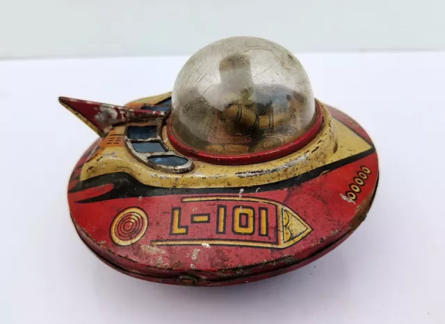 Vintage Old Rare Wind Up Fire Sparkling L 101 Space Ship Litho Tin Toy Japan? 2