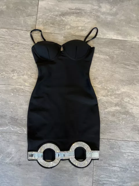 Black Bandage Bustier U Bar Corset Bodycon Jewelled Dress XS 6 8 New