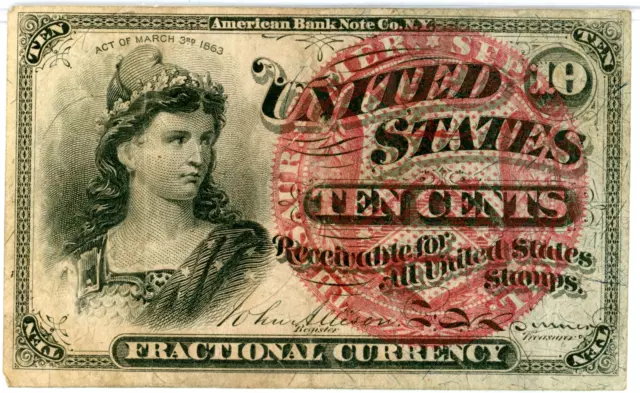 1869 Fourth Issue Fractional 10 Cent Currency Note FR-1259 40MM Seal Violet Thre