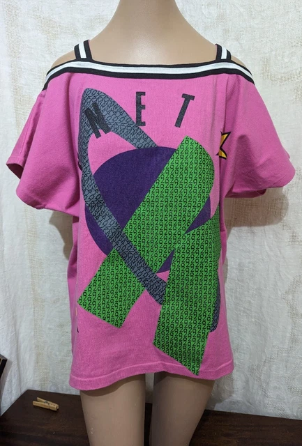 Vintage Kansai O2 Pink Green Planet K Cold Shoulder Top