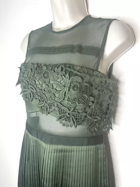 New Three Floor Dress 10 Green Pleated Mesh Shift Style Floral Embroidery