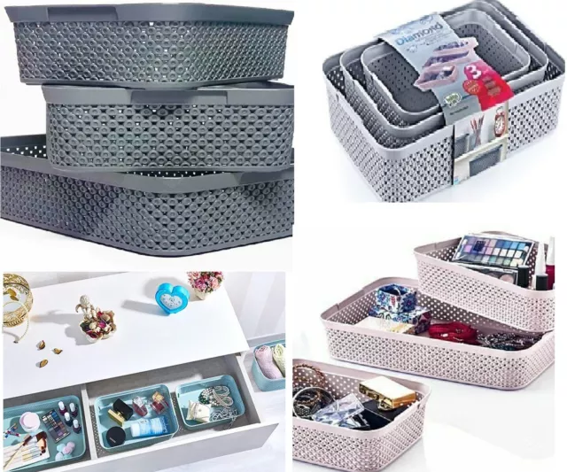 Plastic Rattan Style 3pcs Diamond Basket Set Clothes Storage Makeup Organizer