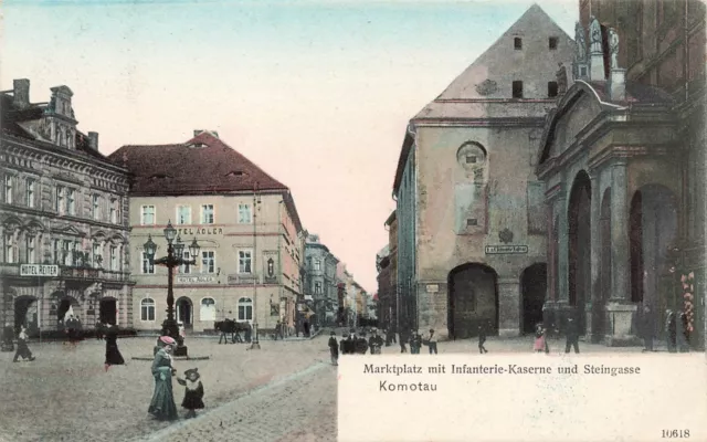 Marktplatz mit Infanterie-Kaserne und Steingasse Komotau Chomutov Böhmen AK