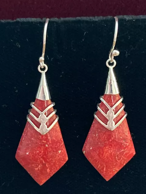 .925 Sterling Silver Red Sponge Coral Dangle Earrings Art Deco Detail Wire Hooks