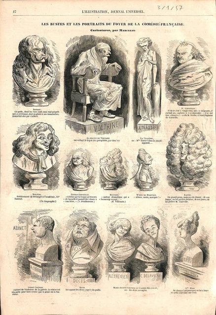 Bustes portraits Foyer Comédie-Française caricatures Marcelin GRAVURE 1857