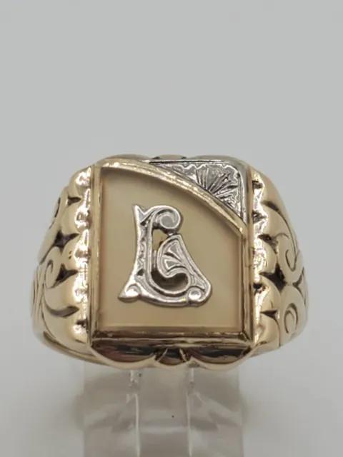 Mens 10k Solid Yellow & White Gold Agate w/ L Initial Vintage Ring Size 10.25