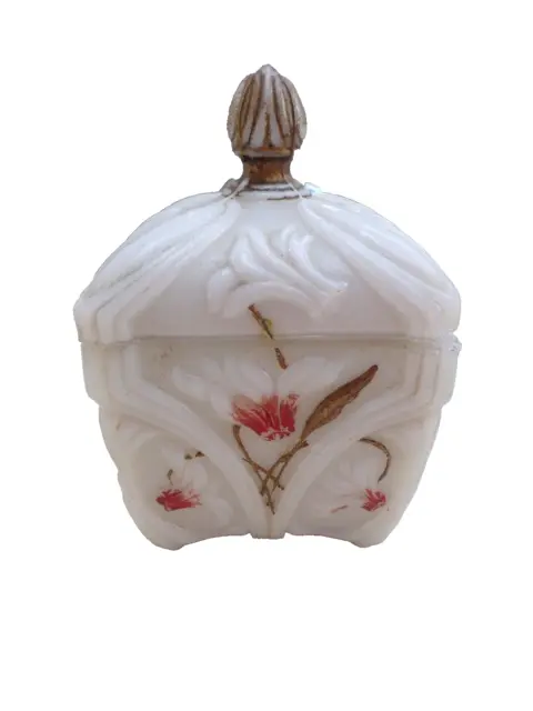 ancienne bonbonnière en opaline de foire blanche-Vallerysthal-décor cyclamen