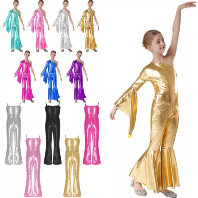 UK Kids Girl‘s Shiny Sequins Dance Bell Bottoms Jumpsuit Festive Cosplay Outfits 2