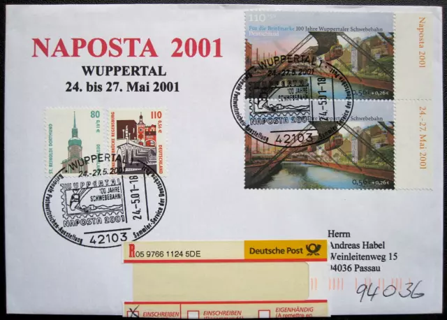 Bund BRD Mi 2171 MIF R-Brief SST Naposta Wuppertal 100 Jahre Schwebebahn 2001