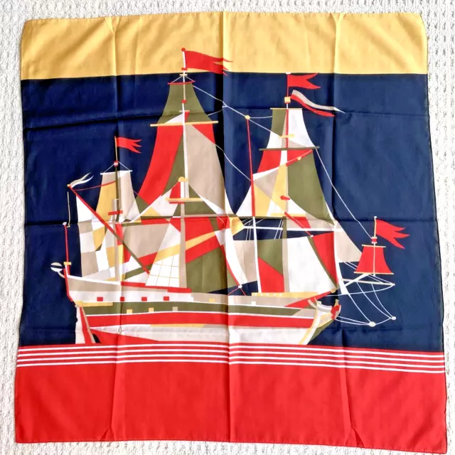 Vintage Scarf Soft Square Cotton Blend Sailing Ship Red Gold Olive Nautical Chic