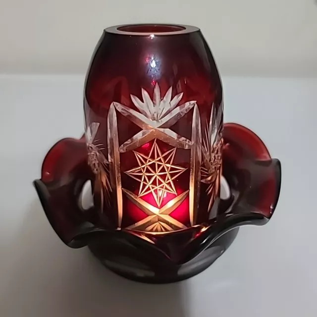 Vintage Ruby Red Cut To Clear Bohemian Czech Glass Fairy Lamp