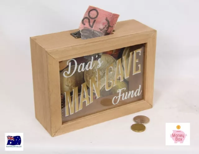 DADS DAD'S MAN CAVE FUND MONEY BOX WITH BRASS HANDLE AT THE TOP 20cm MANCAVMB