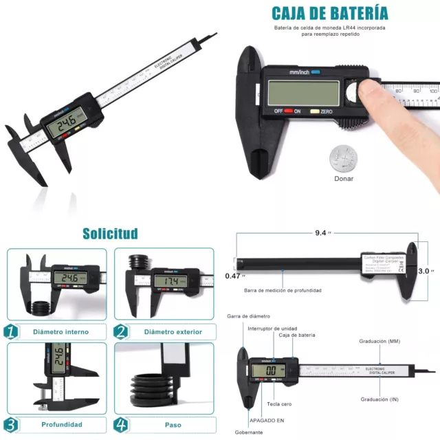 Calibre Digital Pie de Rey Clásico 150 mm/6" Pantalla LCD,fibra de carbono,pilas