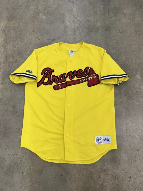 Vintage Majestic Atlanta Braves MLB Baseball Jersey Yellow Striped USA Read  Des 