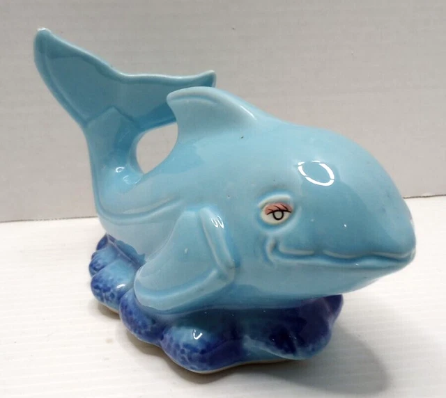 Vintage Ceramic Blue Whale Figurine Made in Brazil 7" X 4.5" Nautical
