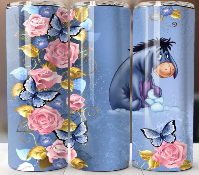 Eeyore Tumbler Roses Butterflies 20oz Stainless Steel Skinny Straw Insulated Cup