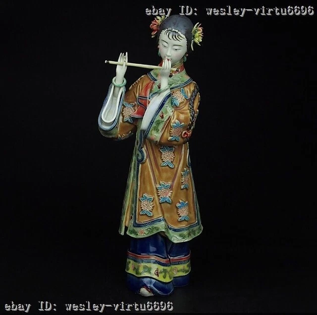 Folk Pottery Wucai Porcelain Woman Ladies Girl Piper Piping Flute Art Statue