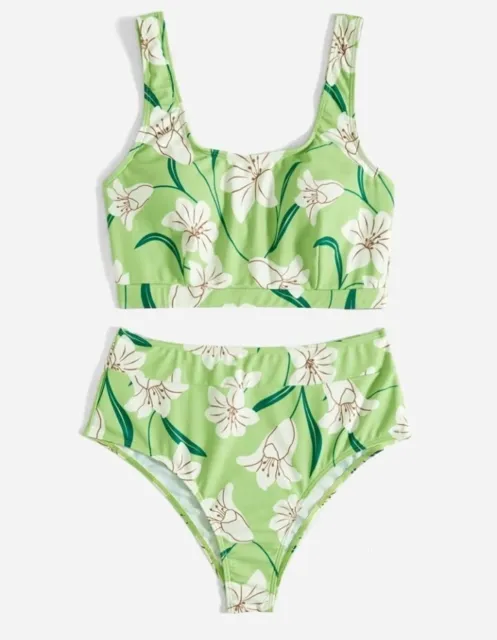 Womens Size 12-14 Green Floral Swimming Costume Bikini Swimsuit Swimwear L New