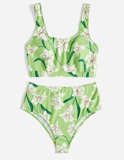 Womens Size 8 UK Green Floral Swimming Costume Bikini Swimsuit Swimwear S New
