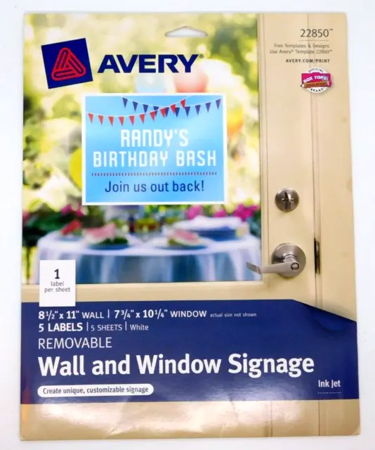 Avery Wall and Window Signage 8 1/2 x 11 Labels 22850 5 Sheets Ink Jet