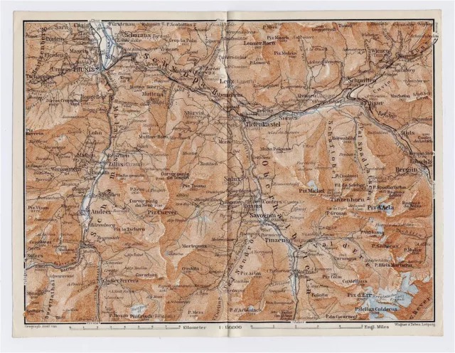 1911 Original Antique Map Vicinity Of Thusis Graubuenden Albula Alps Switzerland