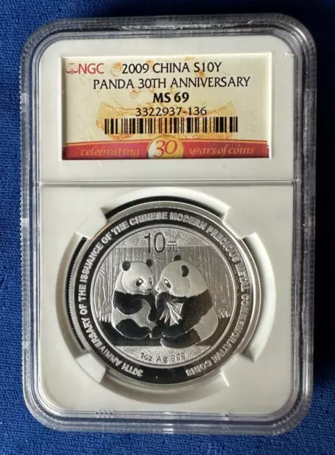 2009 China 10 Yuan PANDA 30th Anniversary 1oz Silver Coin NGC MS69