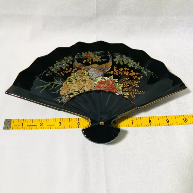 Fan Shaped Trinket Dish Black with Peacocks and Flowers Japan Gold Trim 10 inch