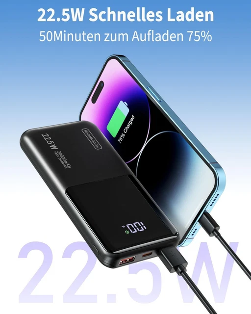 Powerbank 20000mAh, 22,5W USB-C Schnellladefunktion, Tragbarer Externer Akku Mit LED-Display & Taschenlampe, Universell Kompatibel
