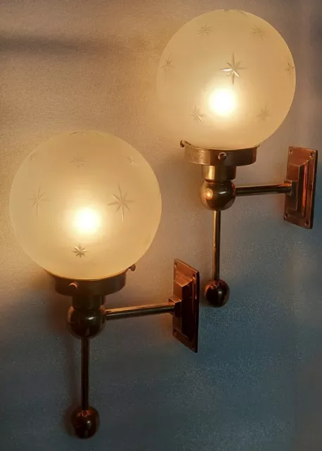 Pair Antique Vintage Art Deco Brass Star Shade Wall Sconces Fixture Light Lamp