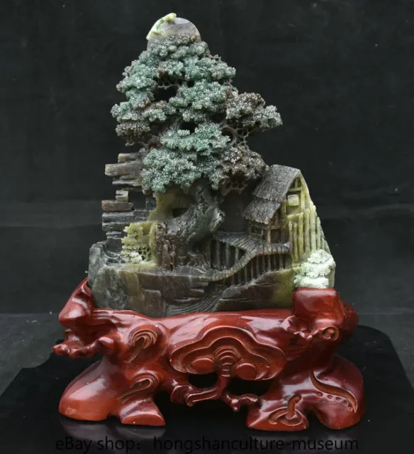 14" Chinese Natural Dushan Green jade carved scenery house tree boat statue