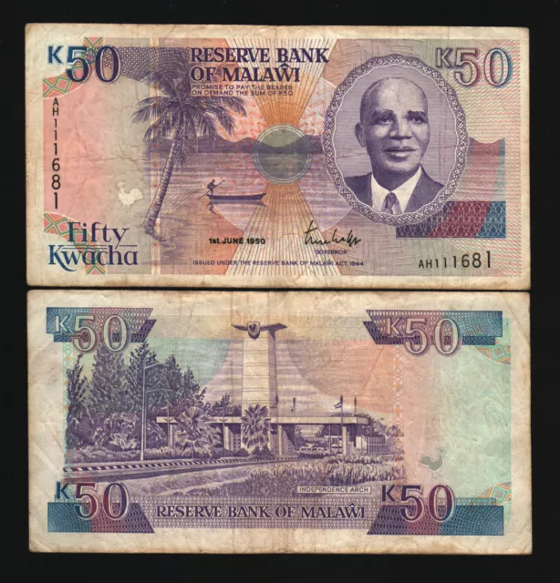 Malawi 50 Kwacha P28A 1990 Dr.banda Boat Rooster Rare Africa Currency Money Note