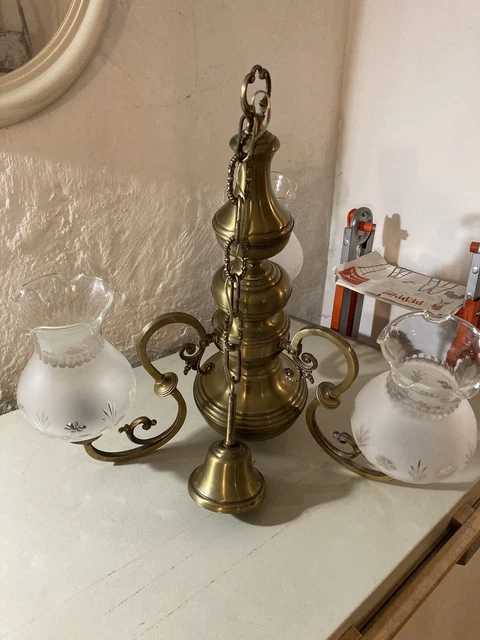 lampadario in ottone 3 Luci  Vetri Molati Anni 70 Vintage