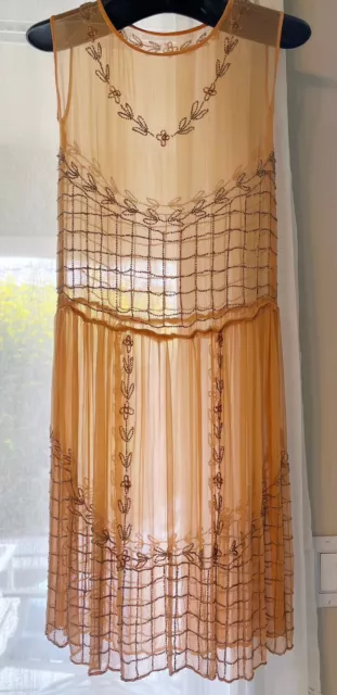 Stunning Antique 1920’S Heavily Hand Beaded Peach Silk Chiffon Flapper Dress